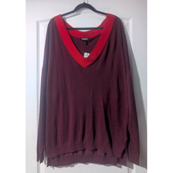 Express | Deep V Contrasting Sweater In Red/Burgundy - Picture 2 of 12